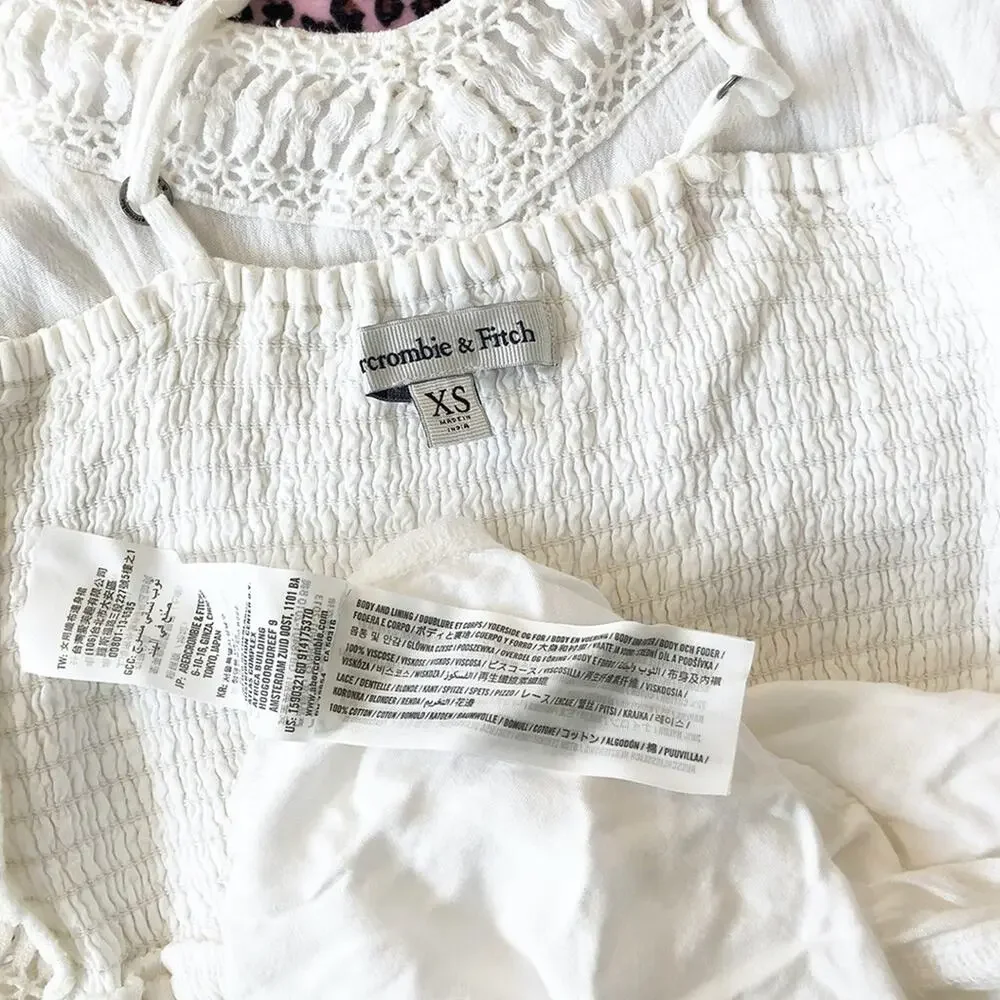 Abercrombie & Fitch White Cotton Tiered Smocked Drop Waist Maxi Dress XS NWT